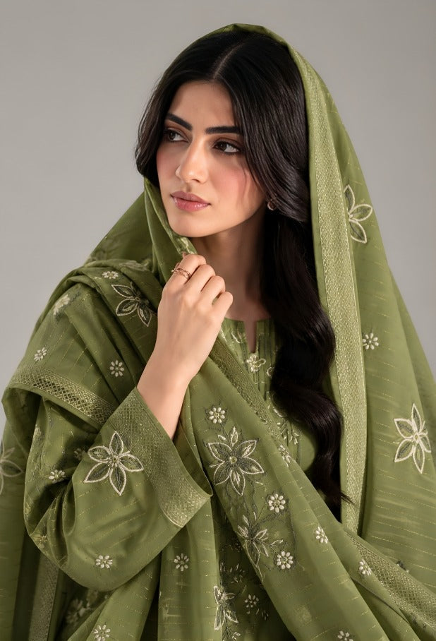 AIRJET 3PC PREMIUM DRESS WITH MUTLI-COLOR EMBROIDERY AND CHAMKI SHAWL