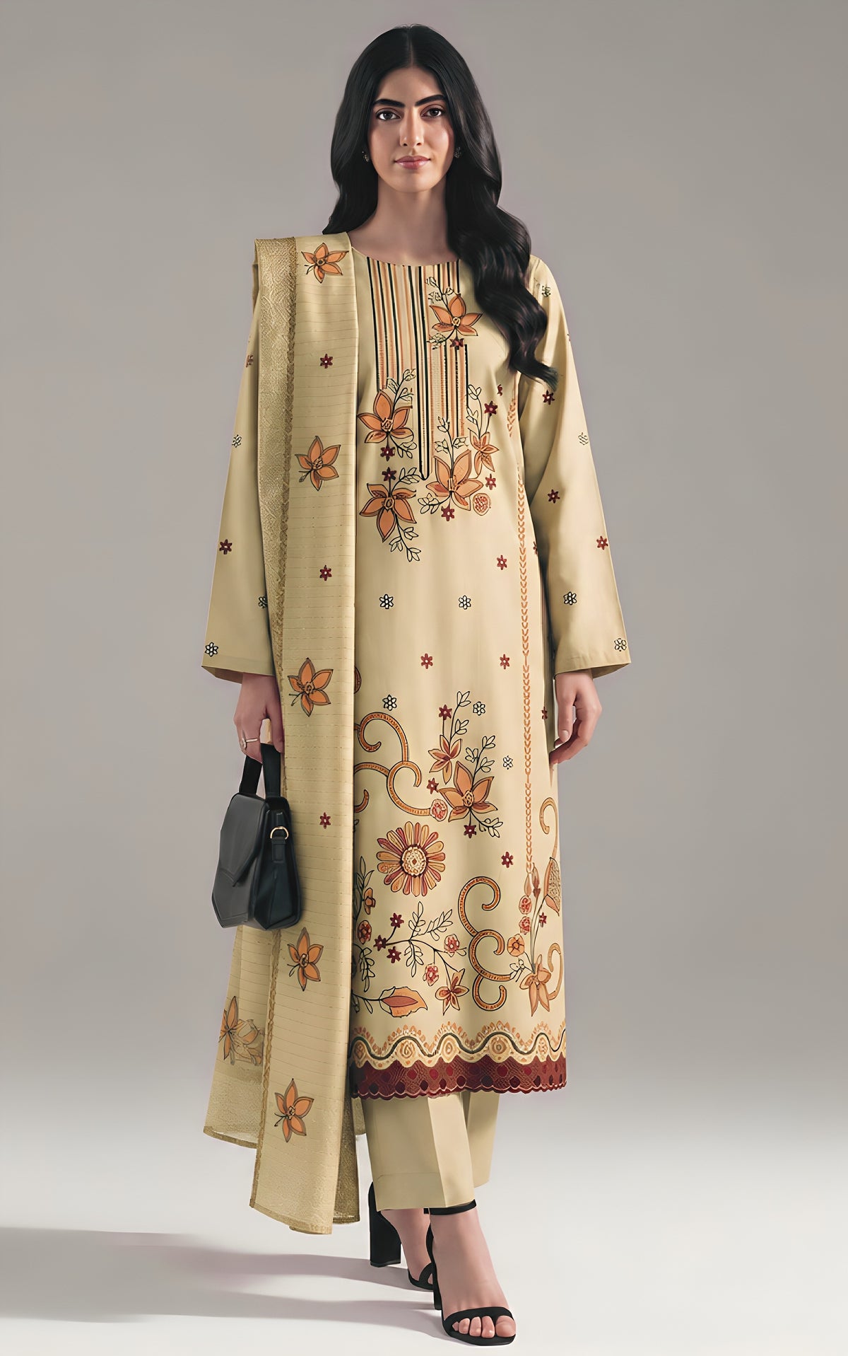 AIRJET 3PC PREMIUM DRESS WITH MUTLI-COLOR EMBROIDERY AND CHAMKI SHAWL