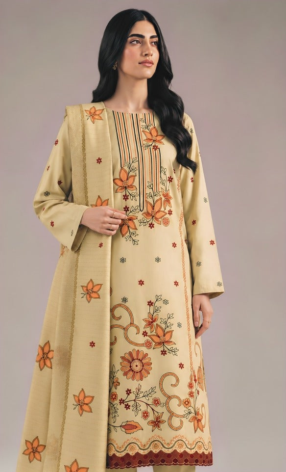 AIRJET 3PC PREMIUM DRESS WITH MUTLI-COLOR EMBROIDERY AND CHAMKI SHAWL