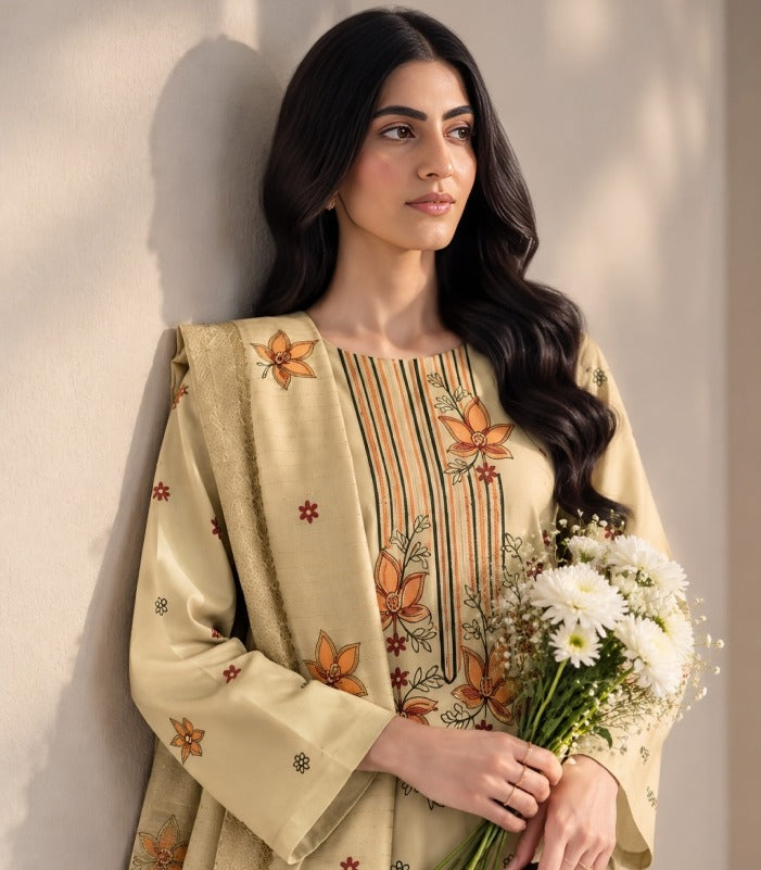 AIRJET 3PC PREMIUM DRESS WITH MUTLI-COLOR EMBROIDERY AND CHAMKI SHAWL