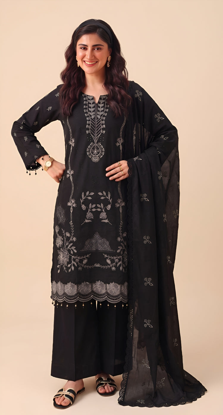 EMBROIDERED 3PC PREMIUM DHANAK DRESS WITH APPLIC DAMAN