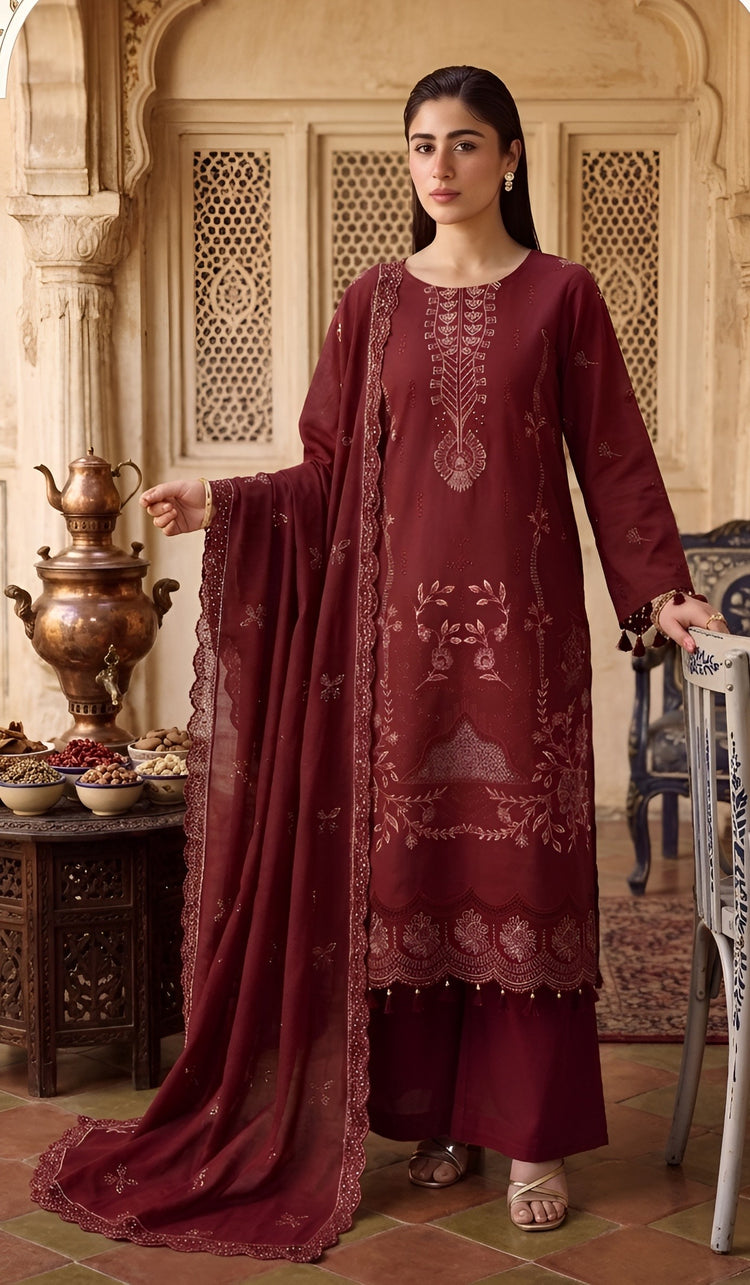 EMBROIDERED 3PC PREMIUM DHANAK DRESS WITH APPLIC DAMAN