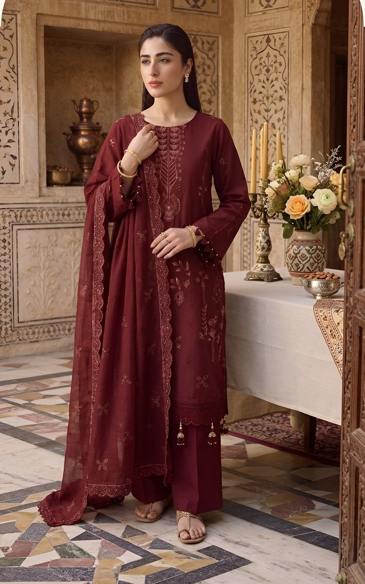 EMBROIDERED 3PC PREMIUM DHANAK DRESS WITH APPLIC DAMAN