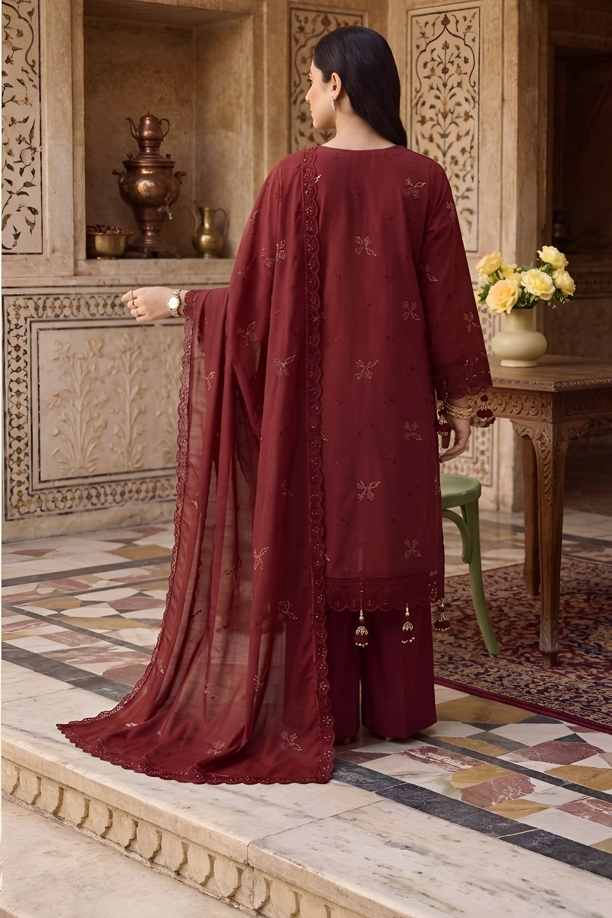 EMBROIDERED 3PC PREMIUM DHANAK DRESS WITH APPLIC DAMAN