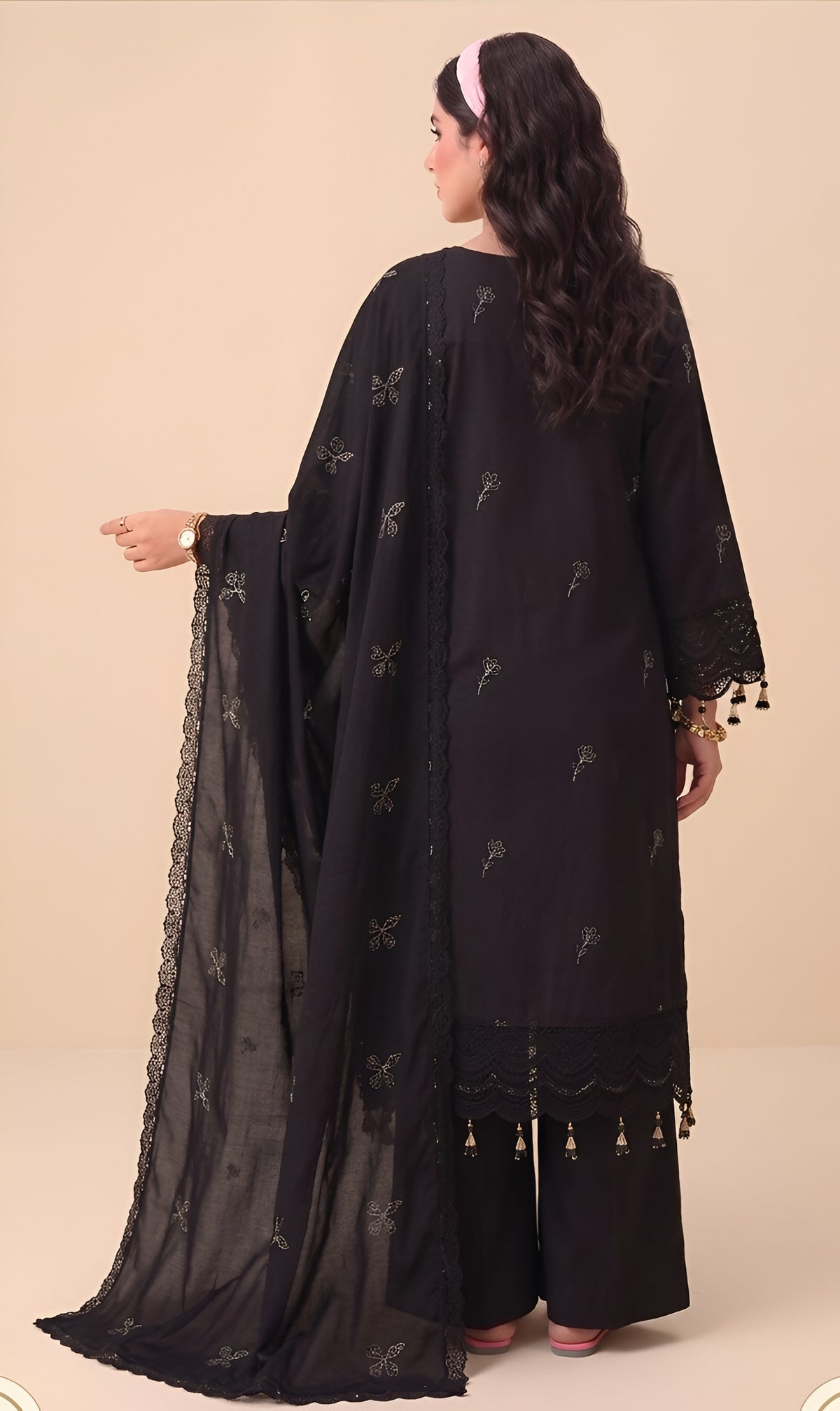 EMBROIDERED 3PC PREMIUM DHANAK DRESS WITH APPLIC DAMAN