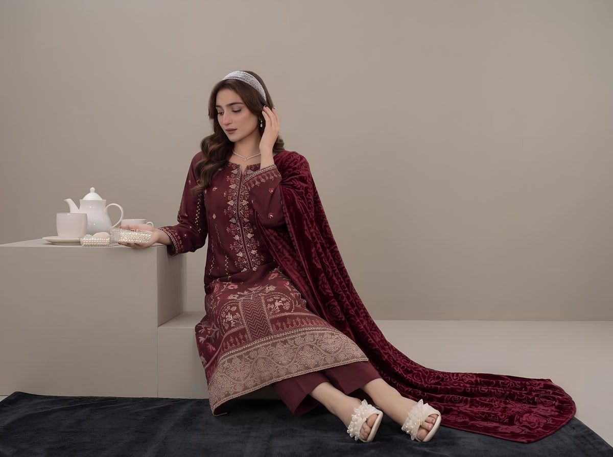 AIRJET 3PC DOBBY PREMIUM EMBROIDERED SUIT WITH PALACHI SHAWL