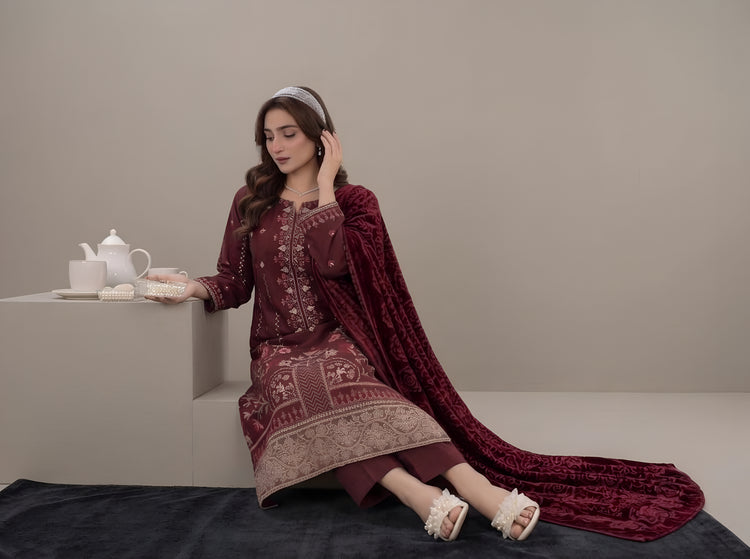 AIRJET 3PC DOBBY PREMIUM EMBROIDERED SUIT WITH PALACHI SHAWL