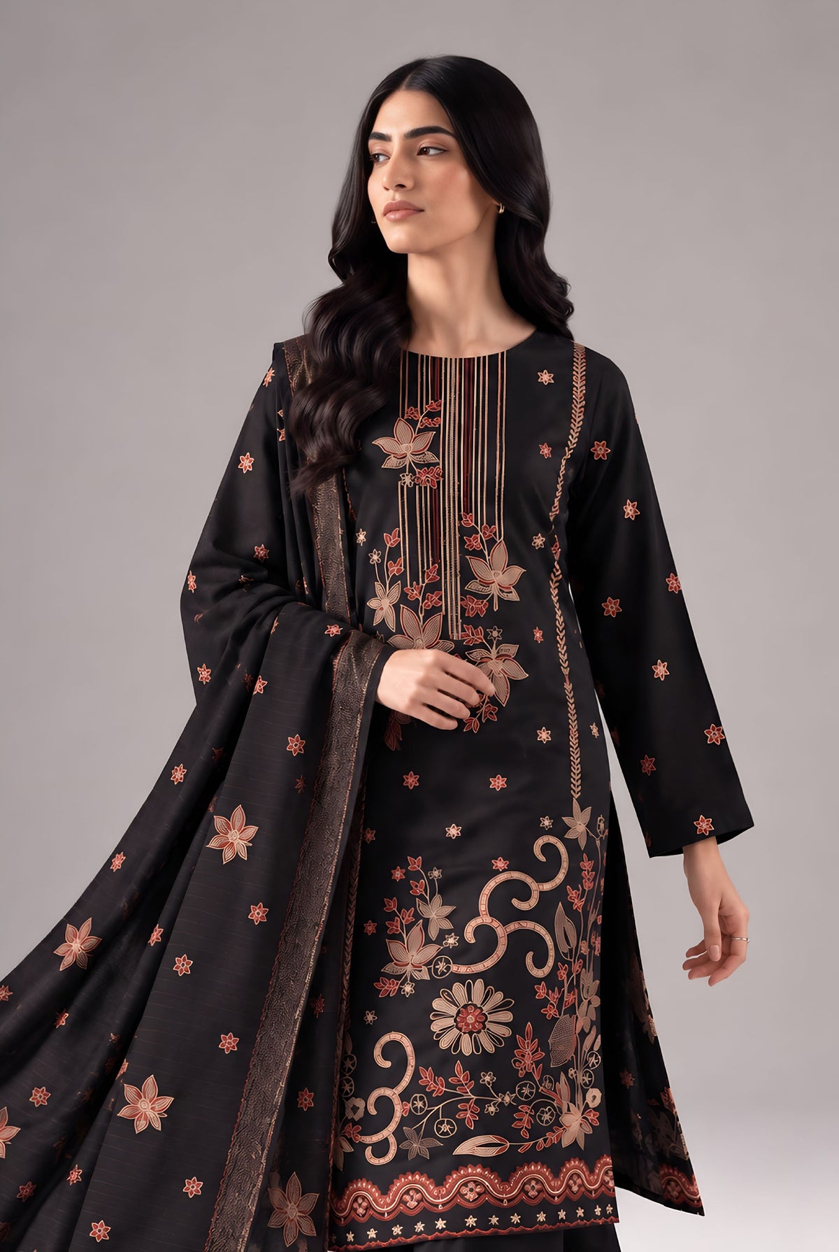 AIRJET 3PC PREMIUM DRESS WITH MUTLI-COLOR EMBROIDERY AND CHAMKI SHAWL