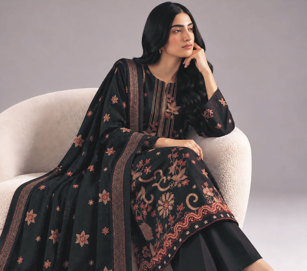 AIRJET 3PC PREMIUM DRESS WITH MUTLI-COLOR EMBROIDERY AND CHAMKI SHAWL