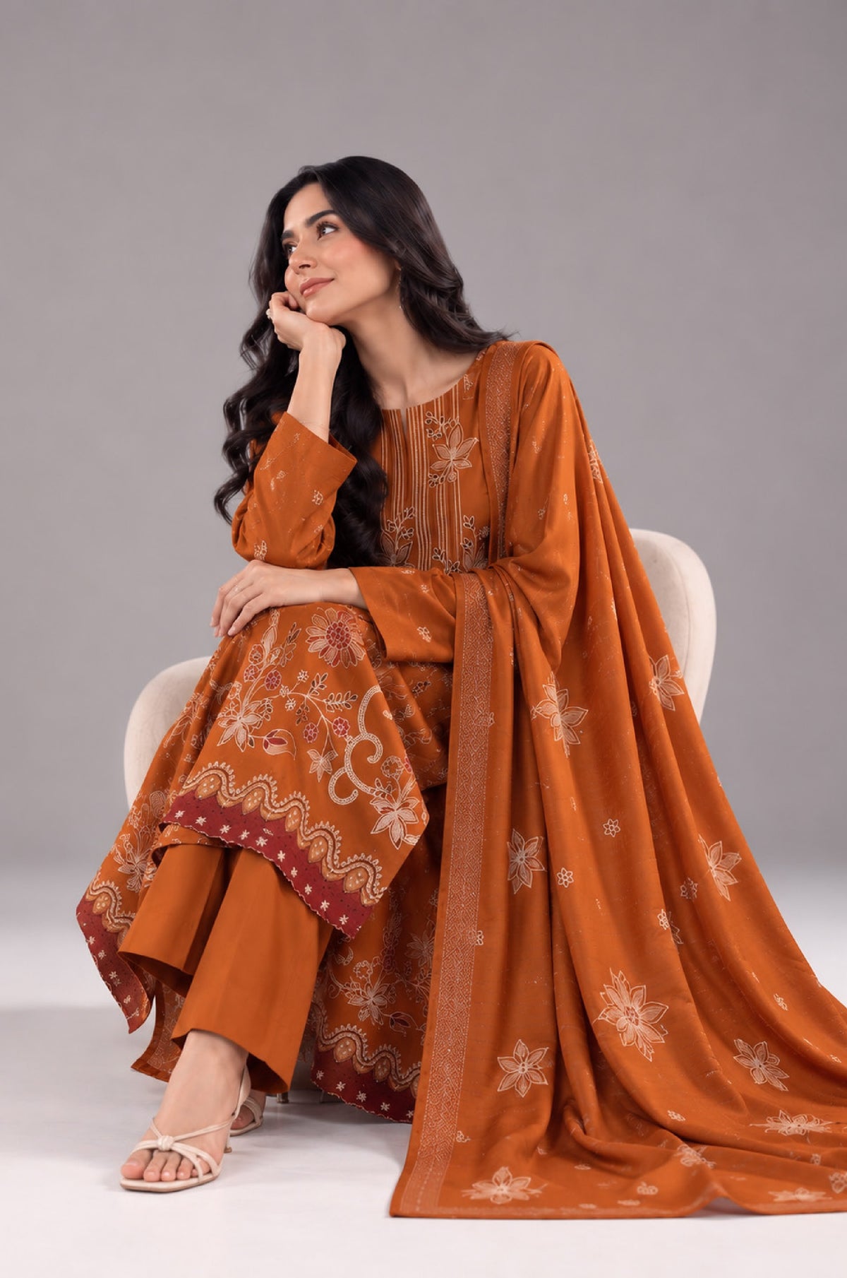 AIRJET 3PC PREMIUM DRESS WITH MUTLI-COLOR EMBROIDERY AND CHAMKI SHAWL