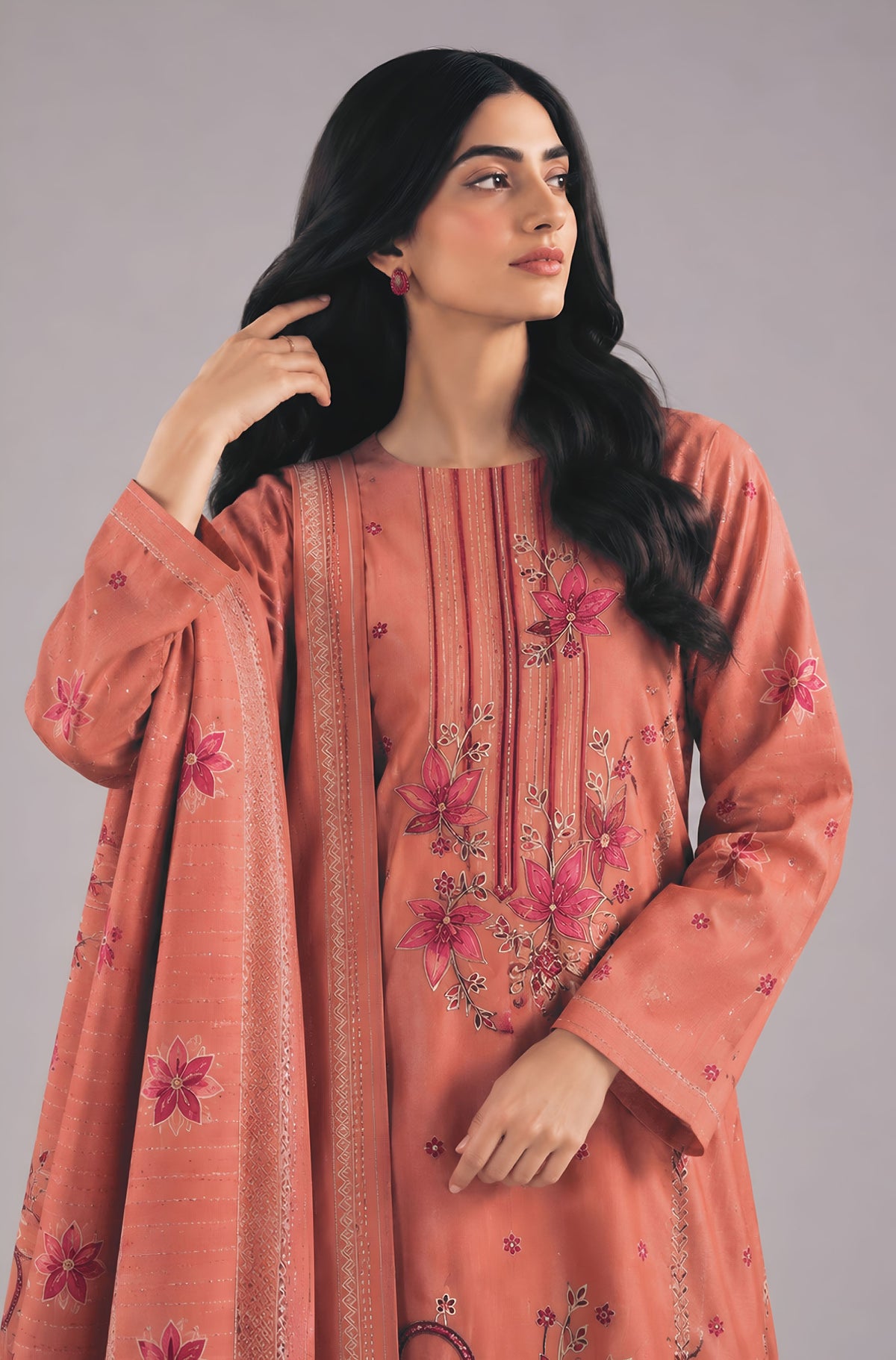 AIRJET 3PC PREMIUM DRESS WITH MUTLI-COLOR EMBROIDERY AND CHAMKI SHAWL