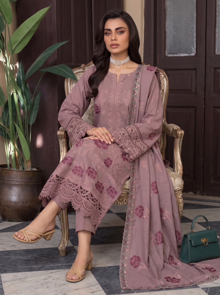 EMBROIDERED 3PC DHANAK DRESS WITH FOUR PATTI CUTWORK DUPATTA