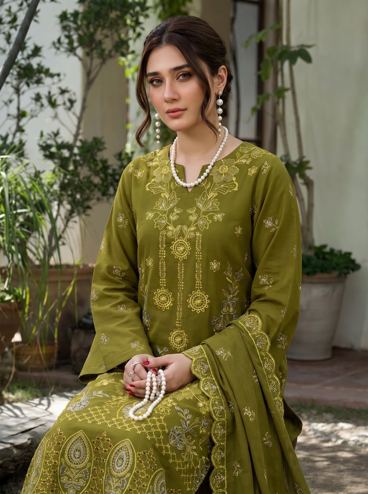 EMBROIDERED 3PC DHANAK DRESS WITH FOUR PATTI CUTWORK DUPATTA