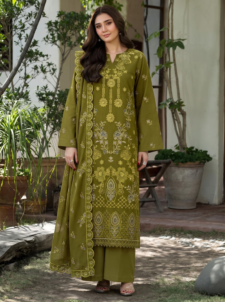 EMBROIDERED 3PC DHANAK DRESS WITH FOUR PATTI CUTWORK DUPATTA