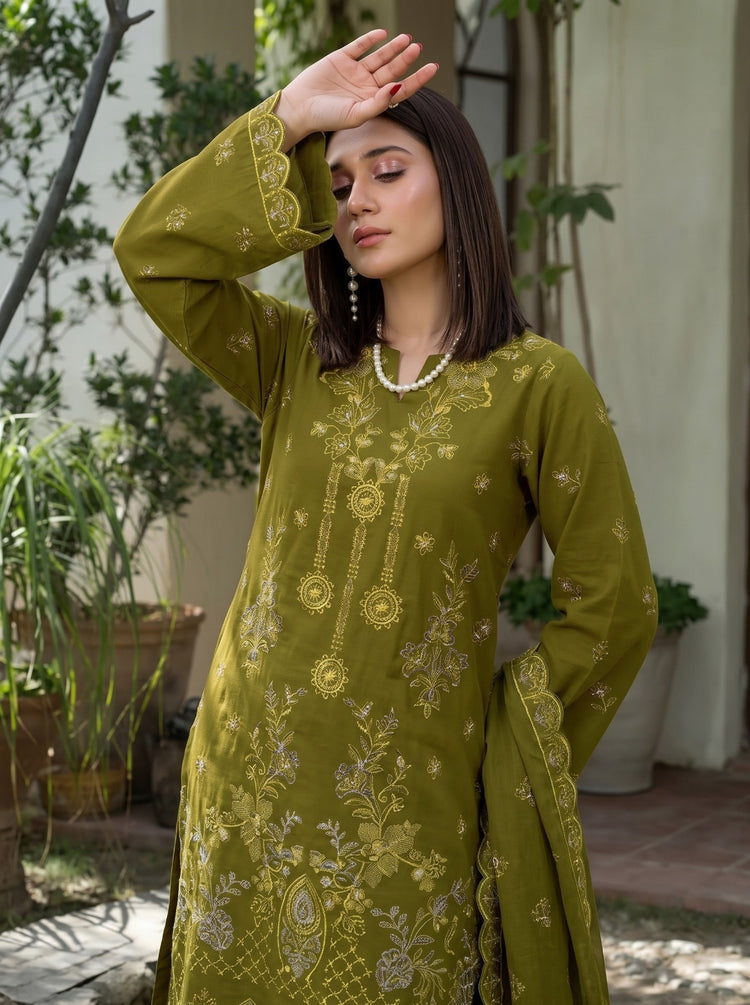 EMBROIDERED 3PC DHANAK DRESS WITH FOUR PATTI CUTWORK DUPATTA