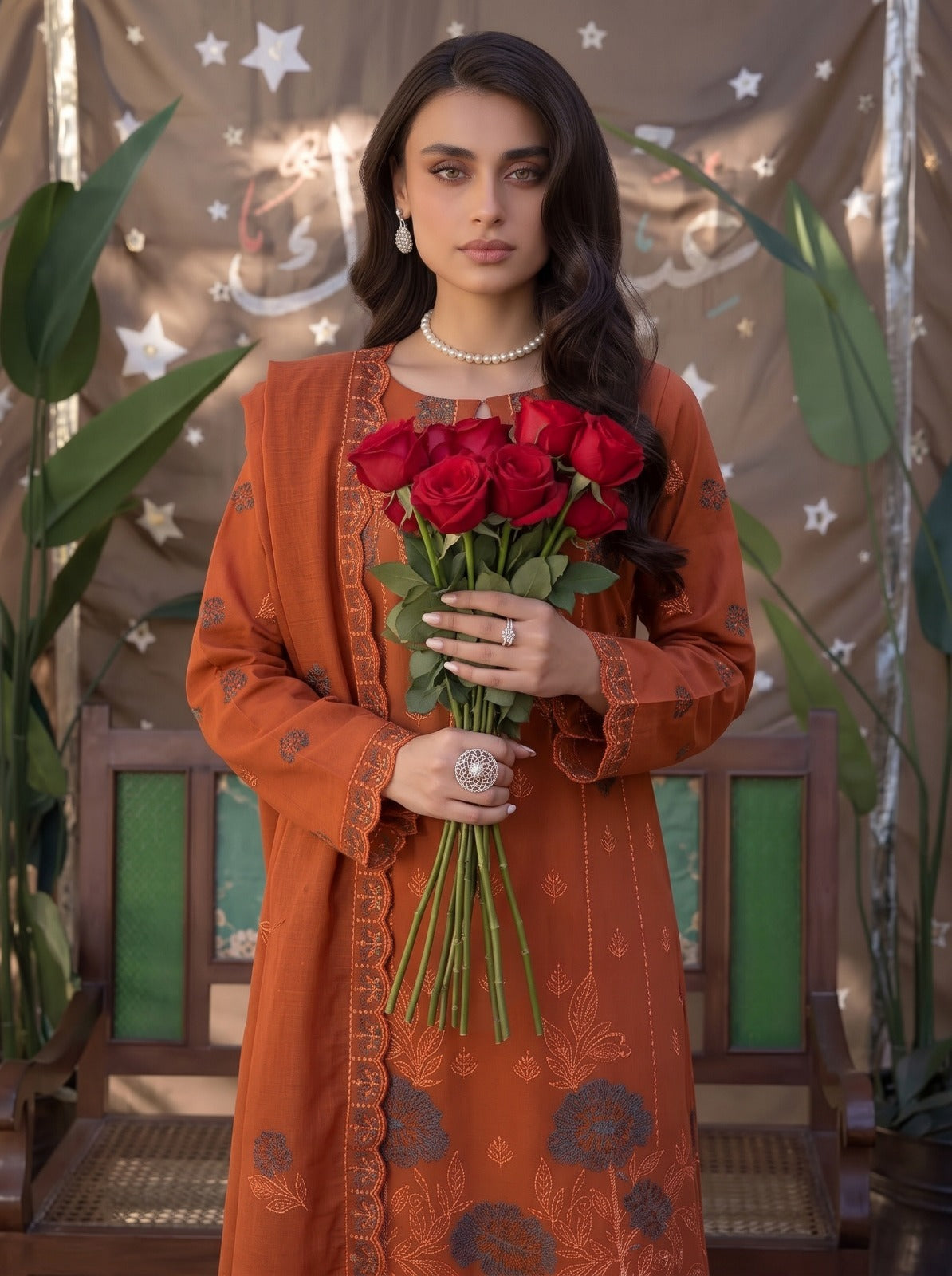 EMBROIDERED 3PC DHANAK DRESS WITH FOUR PATTI CUTWORK DUPATTA