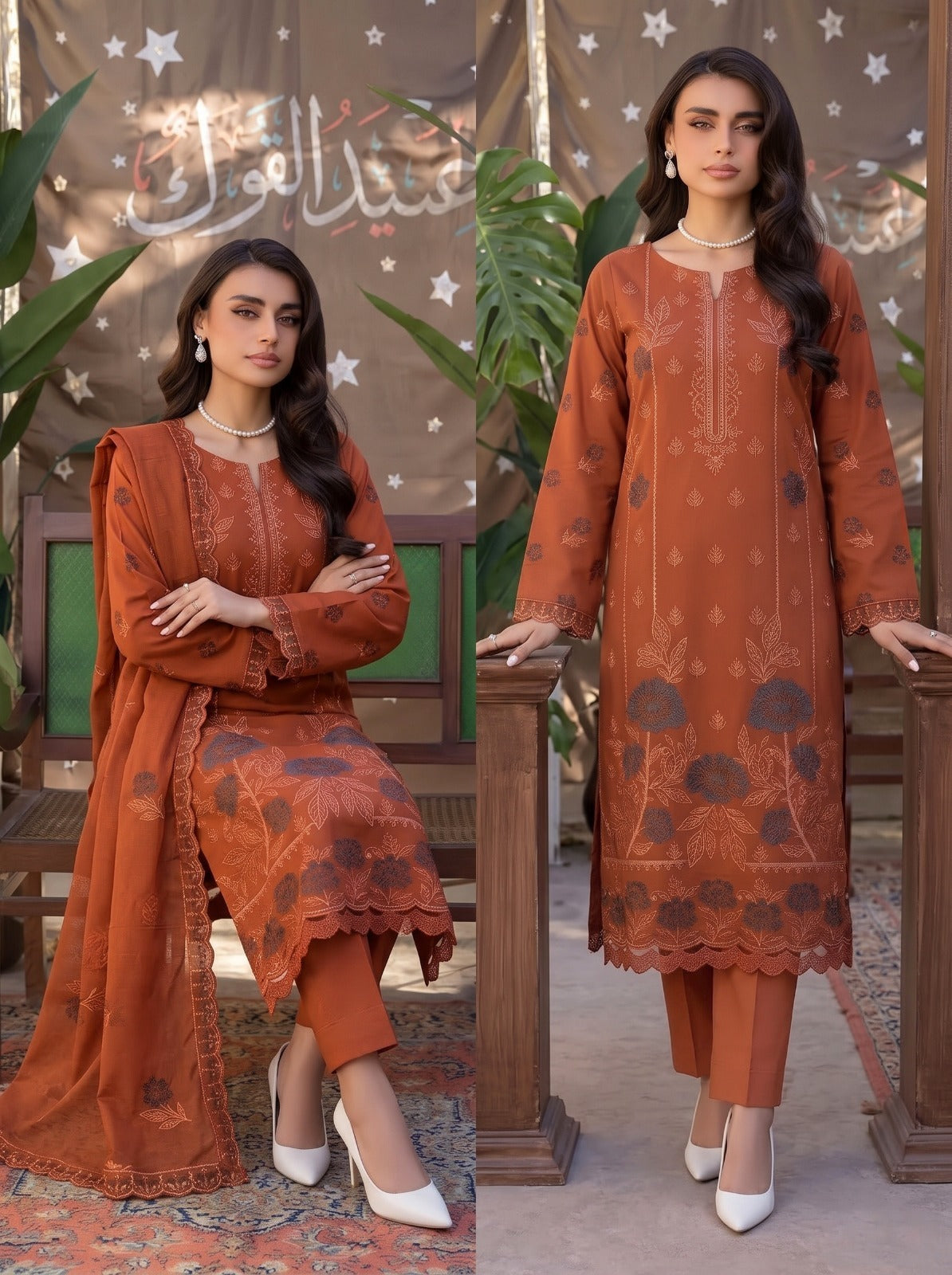 EMBROIDERED 3PC DHANAK DRESS WITH FOUR PATTI CUTWORK DUPATTA