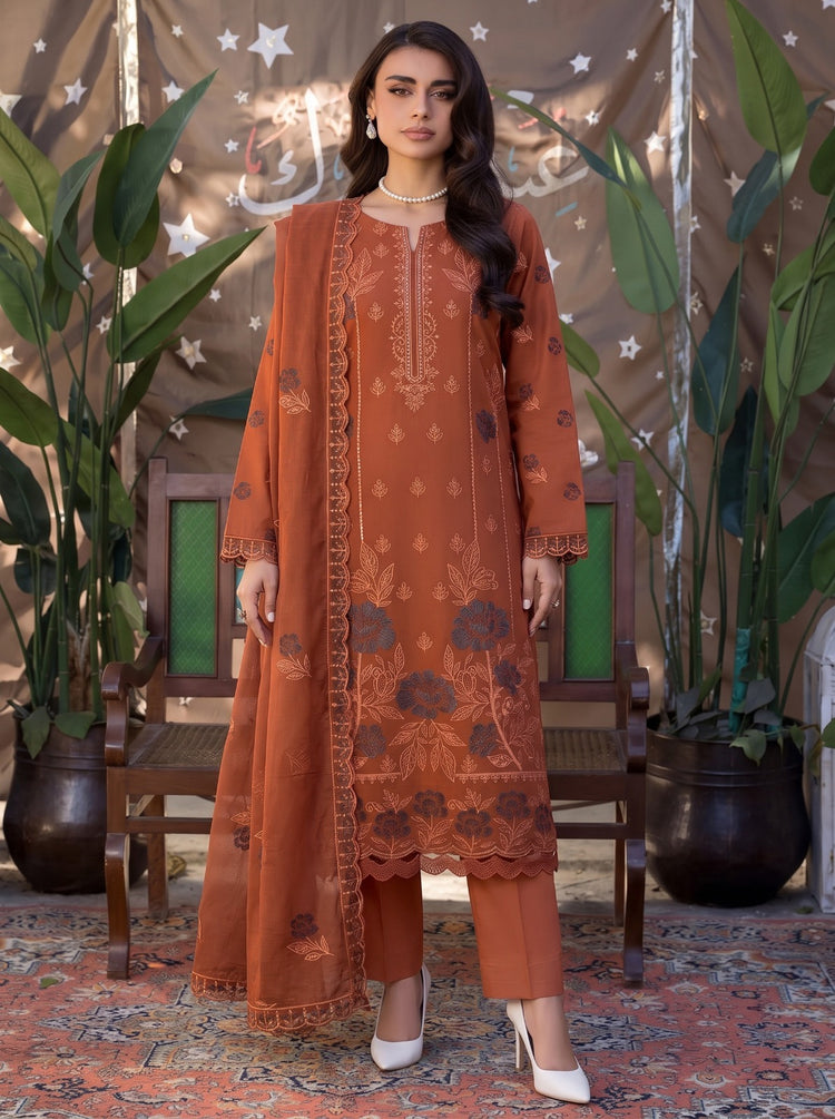 EMBROIDERED 3PC DHANAK DRESS WITH FOUR PATTI CUTWORK DUPATTA