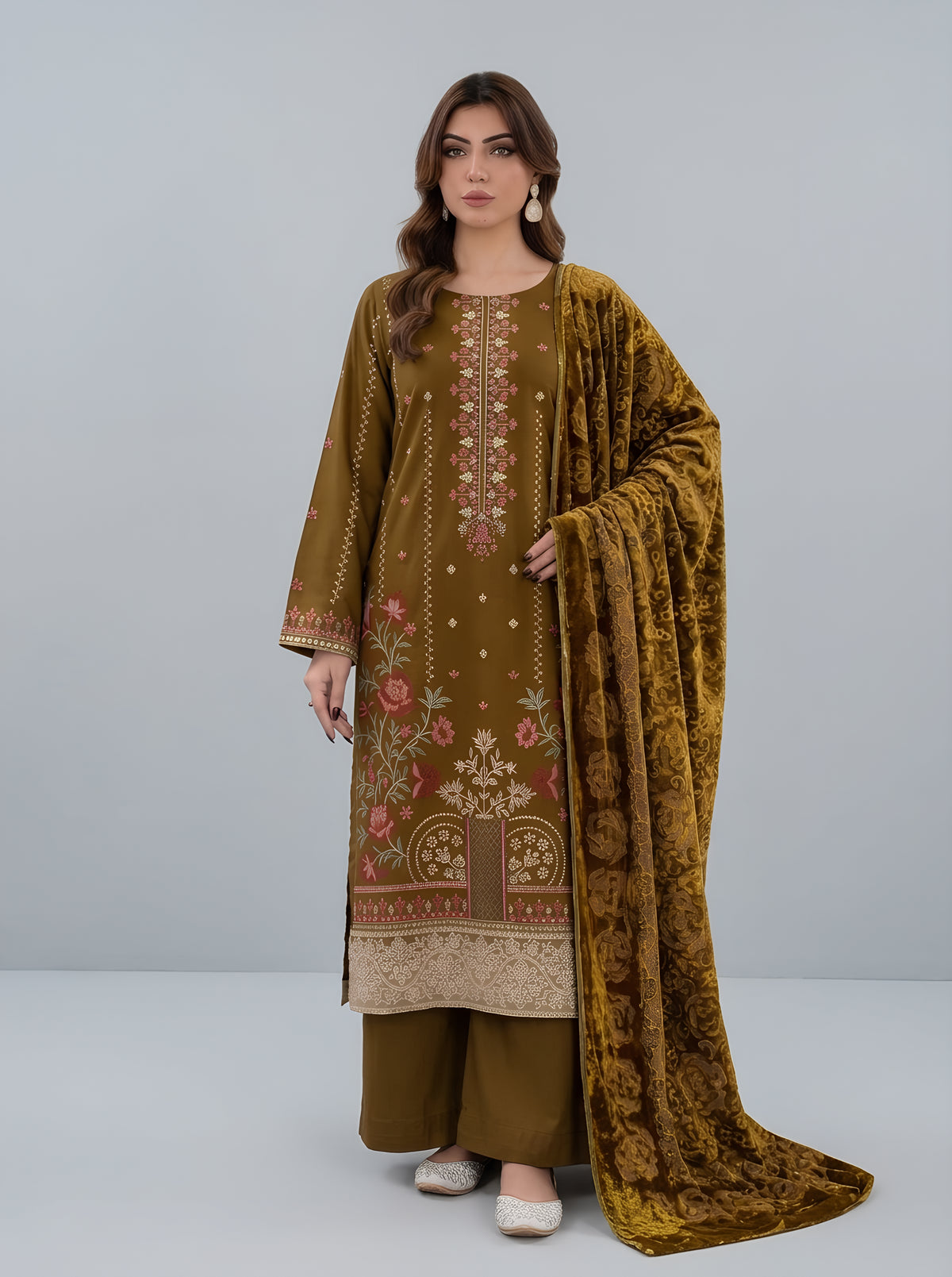 AIRJET 3PC DOBBY PREMIUM EMBROIDERED SUIT WITH PALACHI SHAWL