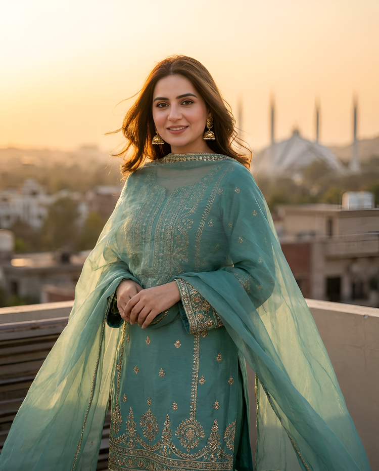 Woman in a teal embroidered suit with a sheer dupatta at golden hour