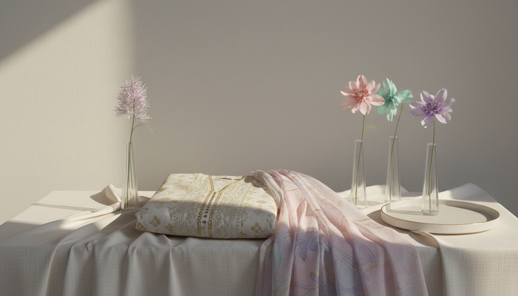 Folded unstitched suit and soft dupatta on a linen table