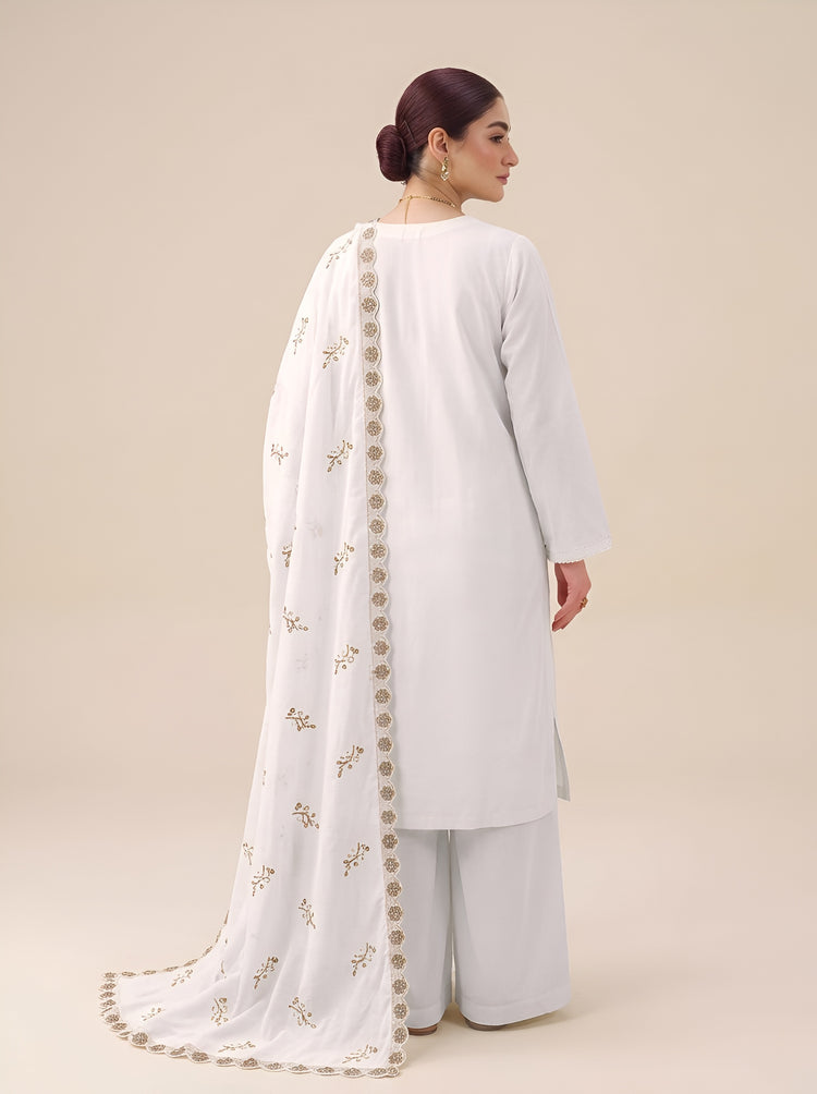 EMBROIDERED 3PC PREMIUM DHANAK DRESS WITH APPLIC DAMAN
