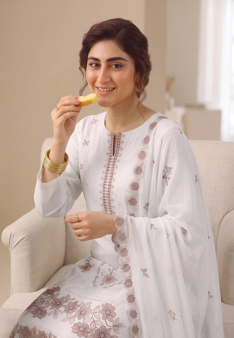 EMBROIDERED 3PC PREMIUM DHANAK DRESS WITH APPLIC DAMAN