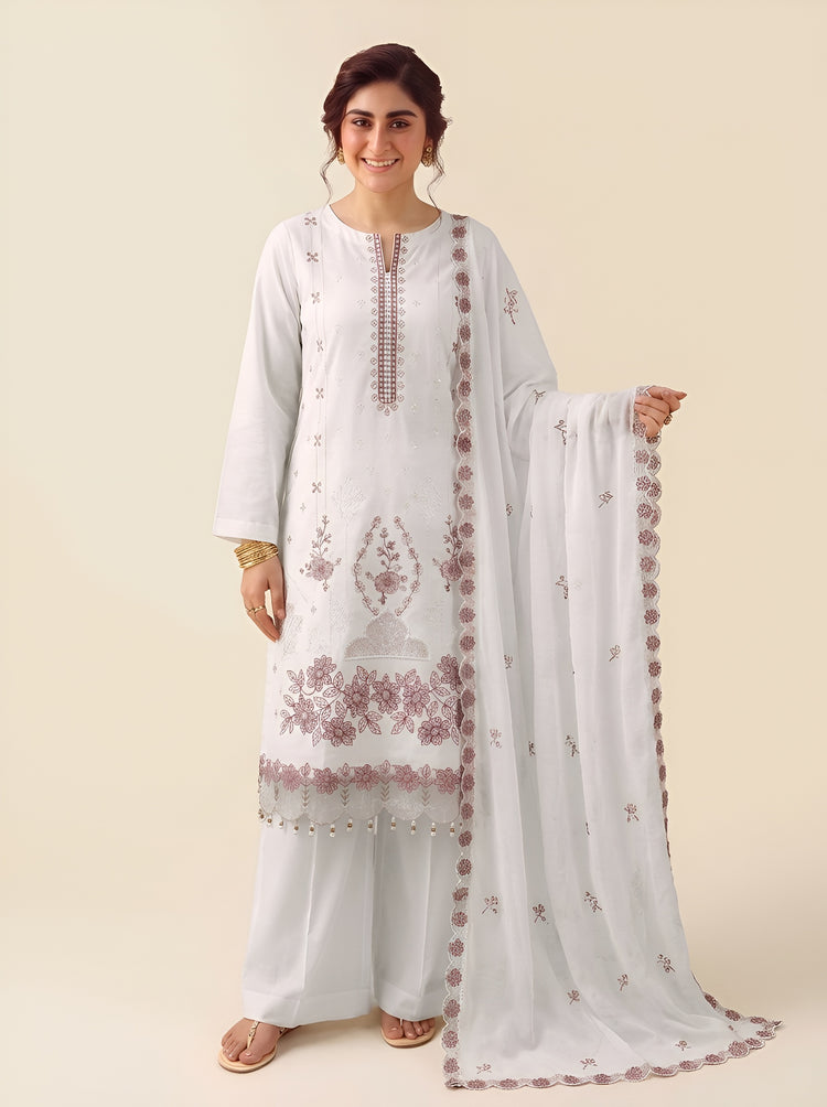 EMBROIDERED 3PC PREMIUM DHANAK DRESS WITH APPLIC DAMAN
