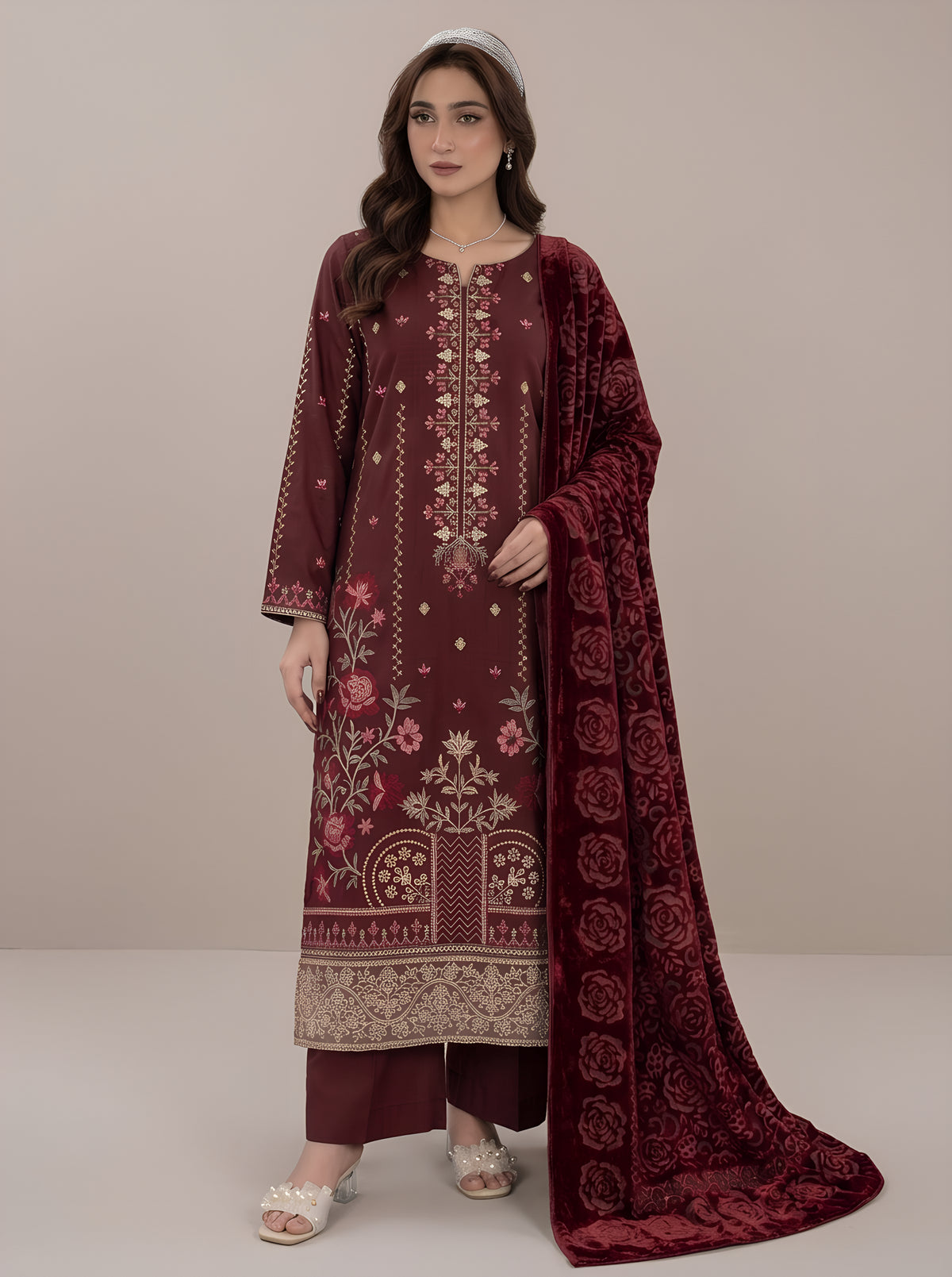 AIRJET 3PC DOBBY PREMIUM EMBROIDERED SUIT WITH PALACHI SHAWL